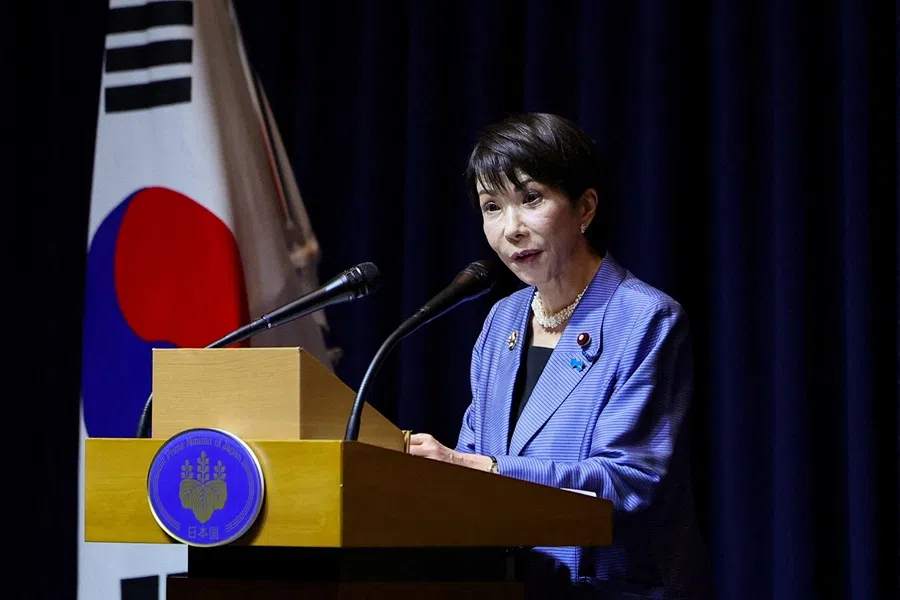 Japanese Prime Minister Sanae Takaichi speaks during a press conference after the Asia-Pacific Economic Cooperation (APEC) summit in Gyeongju, South Korea, on 1 November 2025. (Kim hong-ji/Reuters)