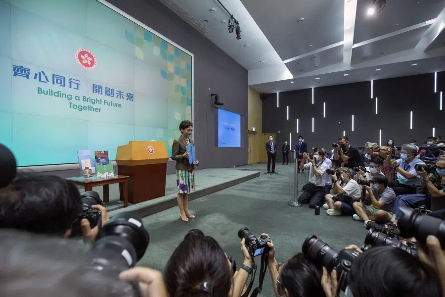 Carrie Lam, Hong Kong's chief executive, attends a news conference in Hong Kong, China, on 6 October 2021. In the last annual policy address of her current term, Lam announced plans to transform the northern part of the New Territories -- relatively underdeveloped compared to Hong Kong Island and Kowloon -- into the next residential and commercial hub spanning 300 square kilometres. (Paul Yeung/Bloomberg)
