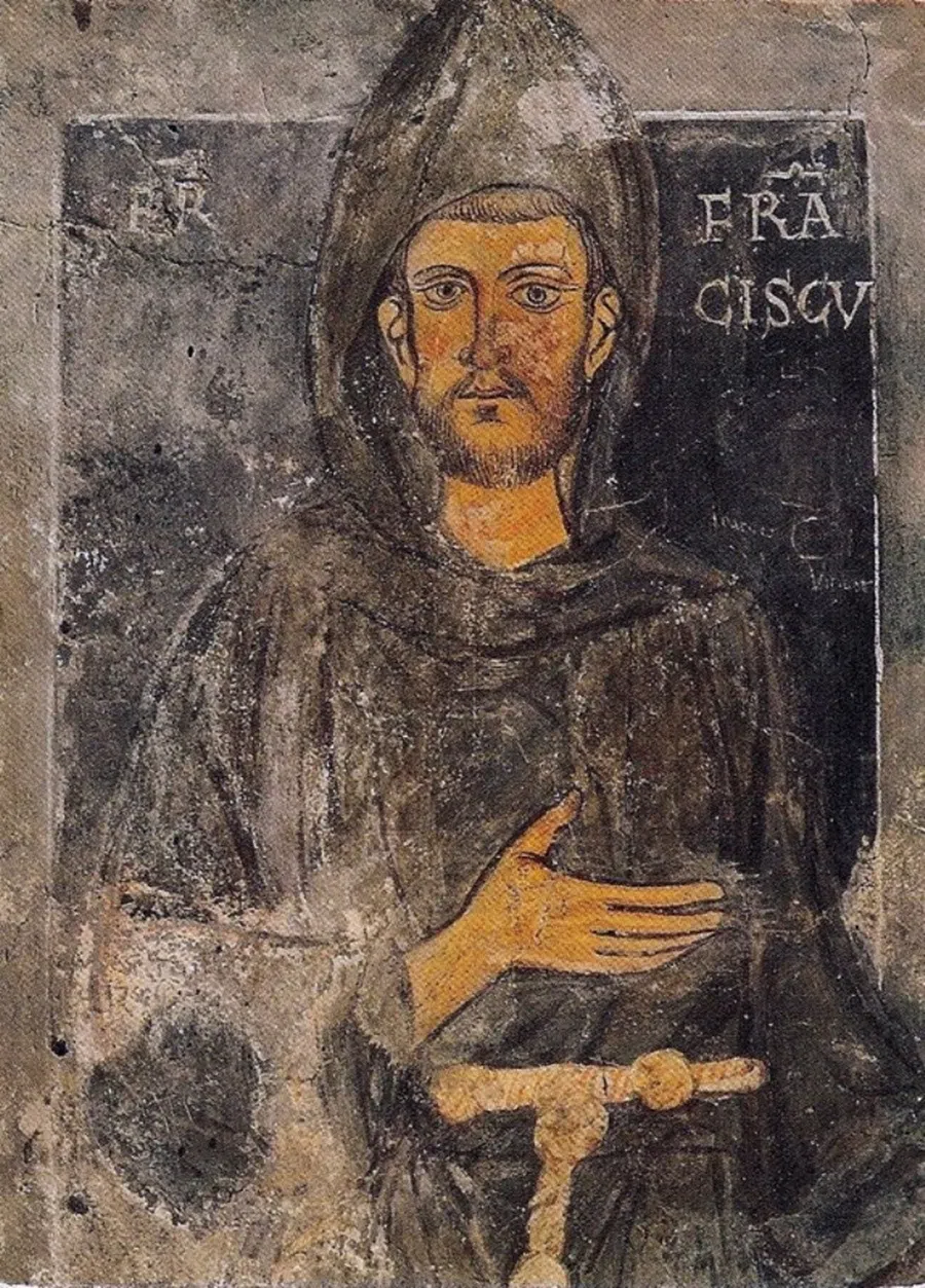 Top part of the oldest portrait of Saint Francis, a mural painting in the sacred grotto Saint Benedict’s Cave in Subiaco, Italy. (Wikimedia)