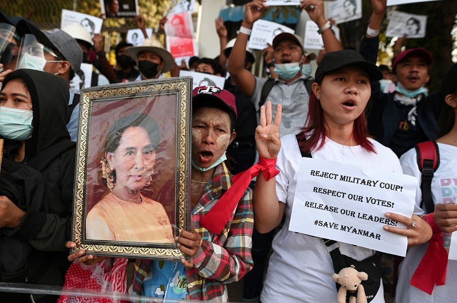 People rally against the military coup and to demand the release of elected leader Aung San Suu Kyi, in Yangon, Myanmar, 9 February 2021. (Stringer/File Photo/Reuters)