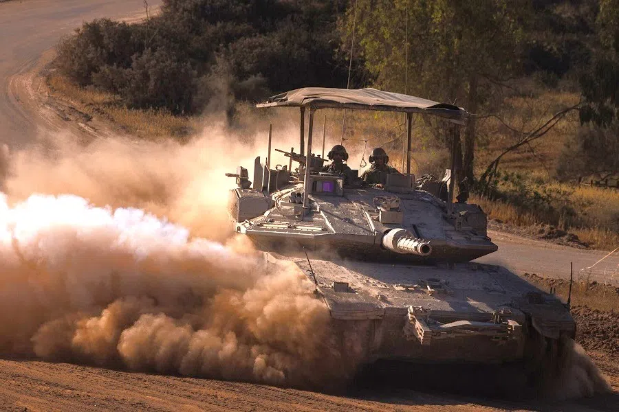 An Israeli armoured personnel carrier near the Gaza border after military operations, in southern Israel, on 17 April 2024. (Kobi Wolf/Bloomberg)