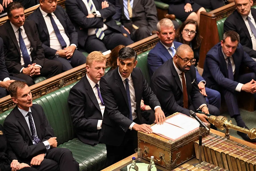 A handout photograph released by the UK Parliament shows Britain’s opposition Conservative Party leader Rishi Sunak addressing the new parliament as MPs meet for the first time since Britain’s general election at the House of Commons in London, UK, on 9 July 2024. (Handout/UK Parliament/AFP)
