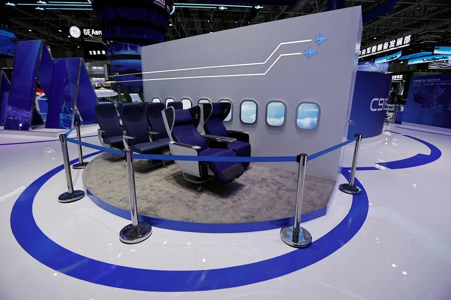 A display of a plane seating system at the COMAC booth during the China International Aviation and Aerospace Exhibition, or Airshow China, in Zhuhai, Guangdong province, China, on 14 November 2024. (Tingshu Wang/Reuters)