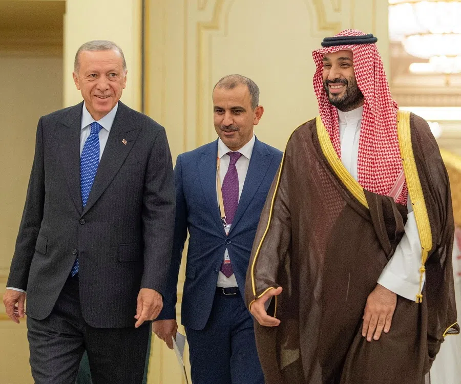 Saudi Arabia's Crown Prince Mohammed bin Salman meets Turkish President Tayyip Erdogan (left) in Jeddah, Saudi Arabia, on 17 July 2023. (Saudi Press Agency/Handout via Reuters)