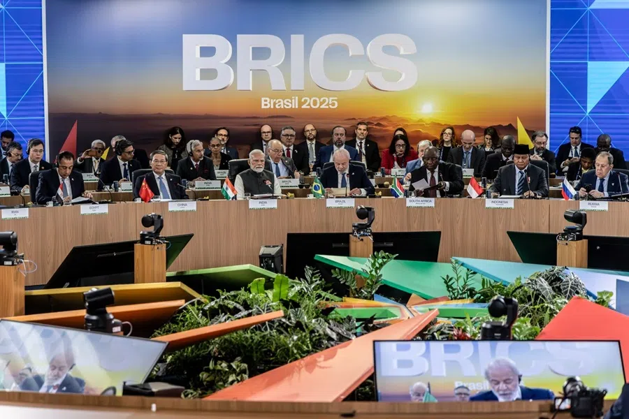 (left to right) Egypt’s Prime Minister Mostafa Madbouly, China’s Premier Li Qiang, India’s Prime Minister Narendra Modi, Brazil’s President Luiz Inacio Lula da Silva, South Africa’s President Cyril Ramaphosa, Indonesia’s President Prabowo Subianto and Russia’s Foreign Minister Sergey Lavrov, at the BRICS summit in Rio de Janeiro, Brazil, on 7 July 2025. 