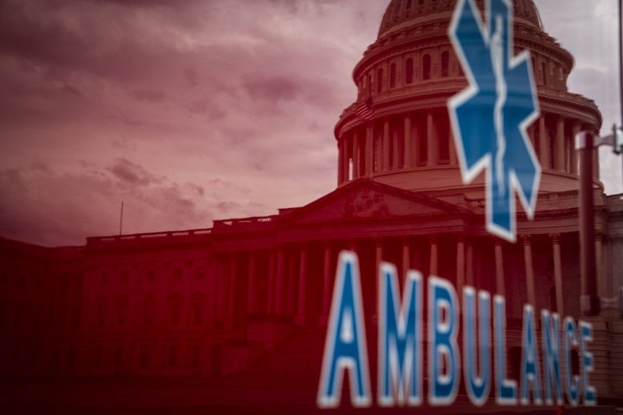 The US Capitol is reflected on the side of an ambulance in Washington, DC, April 21, 2020. US politicians have long wanted to go after China. (Sarah Silbiger/Bloomberg)