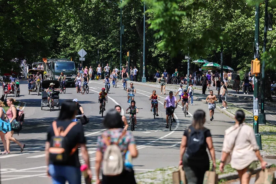 People ride bicycles in Central Park in the Manhattan borough of New York City on 26 May 2024.  (Charly Triballeau/AFP)