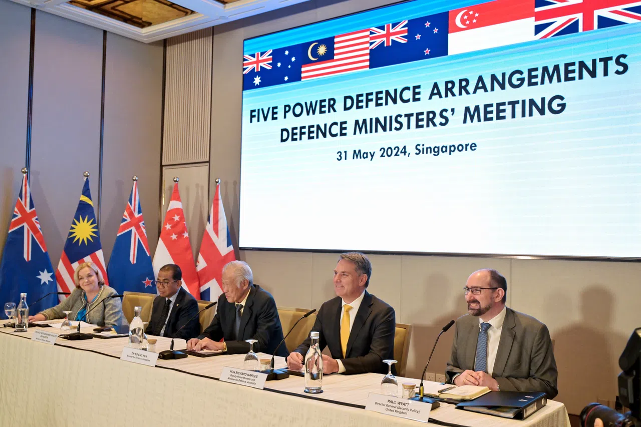 New Zealand’s Defence Minister Judith Collins, Malaysia’s Defence Minister Dato’ Seri Mohamed Khaled Nordin, Singapore’s Defence Minister Ng Eng Hen, Australia’s Deputy Prime Minister and Defence Minister Richard Marles, and Britain’s Director General (Security Policy) Paul Wyatt attend the Shangri-La Dialogue for the Five Power Defence Arrangements (FPDA) Defence Ministers’ Joint Press Conference Meeting (FDMM) in Singapore, on 31 May 2024. (Caroline Chia/Reuters)