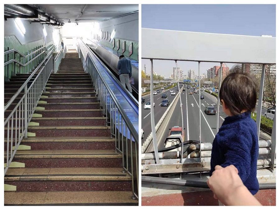 The stairs at a subway station (left) and Jessie Tan's toddler on an overhead bridge. (Photo: Jessie Tan)