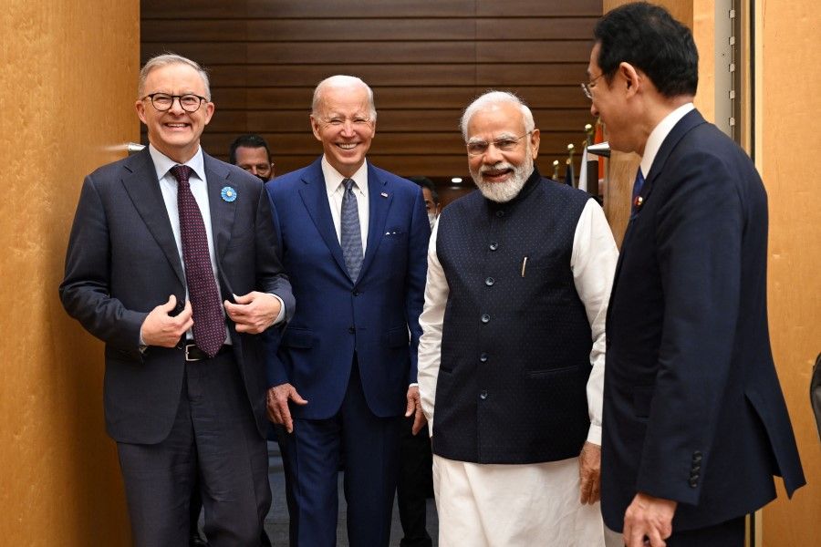 In this file photo taken on 24 May 2022, US President Joe Biden (second from left), Japanese Prime Minister Fumio Kishida (right), Indian Prime Minister Narendra Modi (second from right) and Australian Prime Minister Anthony Albanese (left) arrive for their meeting during the Quad Leaders Summit at Kantei in Tokyo. (Saul Loeb/AFP)