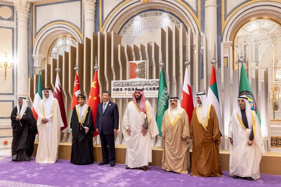 This handout picture released by the UAE Presidential Court shows Chinese President Xi Jinping (fourth from left) in Riyadh during the China-Gulf Cooperation Council (GCC) summit, at King Abdulaziz International Convention Center on 9 December 2022. (Ryan Carter/UAE Presidential Court/AFP)