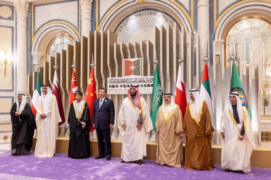 This handout picture released by the UAE Presidential Court shows Chinese President Xi Jinping (fourth from left) in Riyadh during the China-Gulf Cooperation Council (GCC) Summit, at King Abdulaziz International Convention Center on 9 December 2022. (Ryan Carter/UAE Presidential Court/AFP)