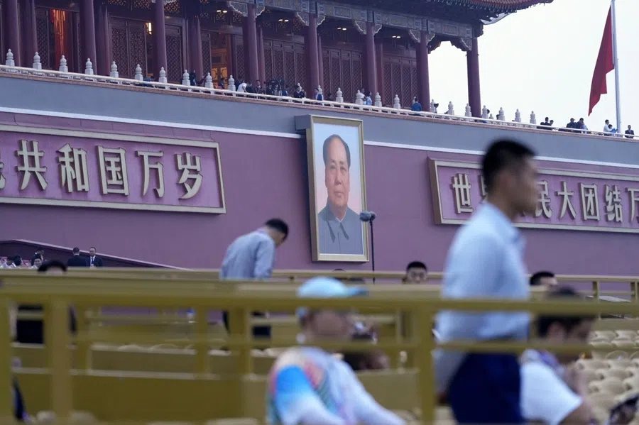 A portrait of former Chinese leader Mao Zedong at Tiananmen Gate ahead of a military parade to mark 80 years since Japan’s defeat in World War II held in Beijing, China, on 3 September 2025. (Qilai Shen/Bloomberg)