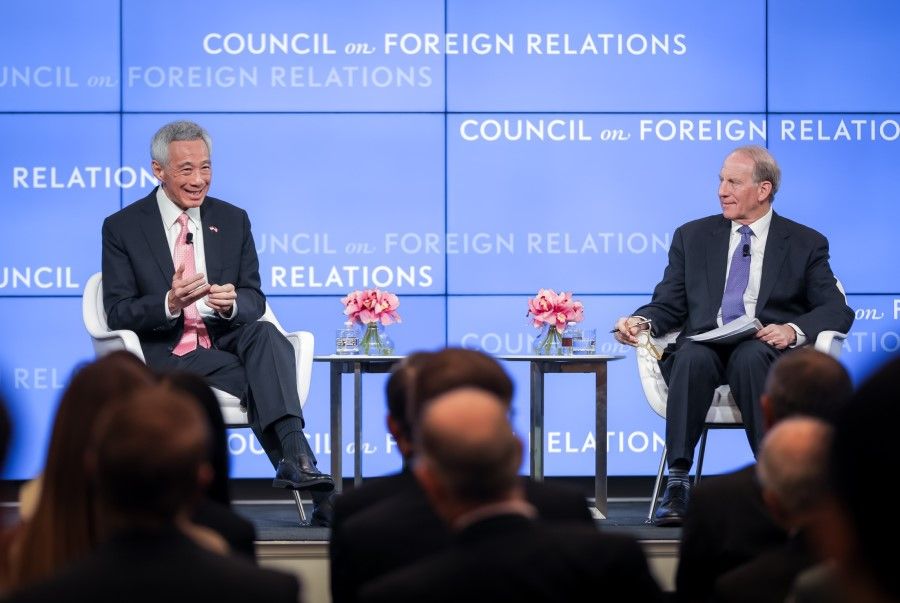 Singapore Prime Minister Lee Hsien Loong having a dialogue session presided by Council on Foreign Relations (CFR) president Richard Haass at the CFR building in Washington DC, 30 March 2022. (SPH Media)
