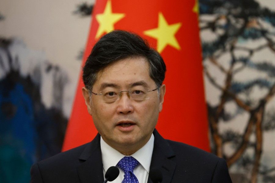 China's Foreign Minister Qin Gang attends a news conference after talks with his Dutch counterpart Wopke Hoekstra in Beijing on 23 May 2023. (Thomas Peter/AFP)