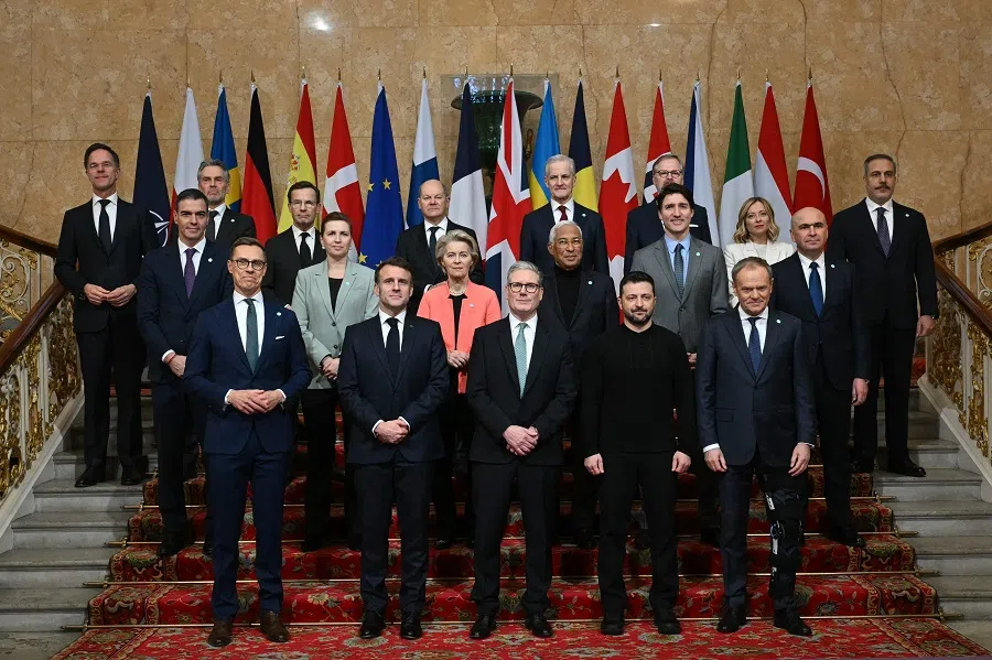 NATO secretary general Mark Rutte, Netherlands’ Prime Minister Dick Schoof, Sweden’s Prime Minister Ulf Kristersson, Germany’s Chancellor Olaf Scholz, Norway’s Prime Minister Jonas Gahr Store, Czech Republic’s Prime Minister Petr Fiala, Turkey’s Minister of Foreign Affairs Hakan Fidan, Spain’s Prime Minister Pedro Sanchez, Denmark’s Prime Minister Mette Frederiksen, European Commission President Ursula von der Leyen, European Council President Antonio Costa, Canada’s Prime Minister Justin Trudeau, Italy’s Prime Minister Giorgia Meloni, Romania’s Interim President Ilie Bolojan, Finland’s President Alexander Stubb, France’s President Emmanuel Macron, Britain’s Prime Minister Keir Starmer, Ukraine’s President Volodymyr Zelensky and Poland’s Prime Minister Donald Tusk pose for a family photograph during a summit held at Lancaster House in central London on 2 March 2025.
