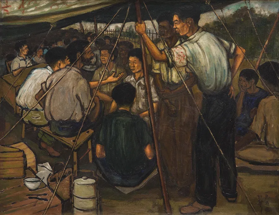 Tan Tee Chie, On Strike, 1955, Oil on canvas, 66 x 86.5 cm, Collection of National Gallery Singapore. (Image courtesy of National Heritage Board)