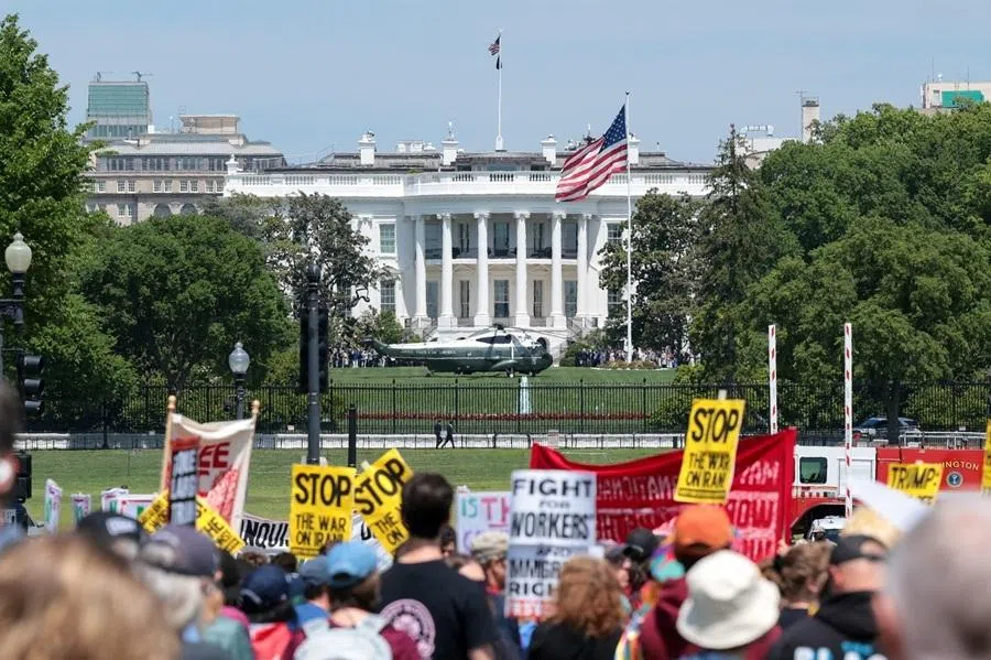 Marine One waits outside the White House before US President Donald Trump's departure for Florida, during a May Day march and rally in Washington, DC, US, 1 May 2026.