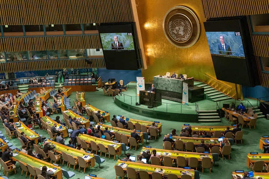Antony Blinken, US Secretary of State, speaks as members of the United Nations General Assembly meet to discuss conflict and food security in Ukraine at United Nations headquarters on 19 May 2022 in New York City, US. (David Dee Delgado/Getty Images/AFP)