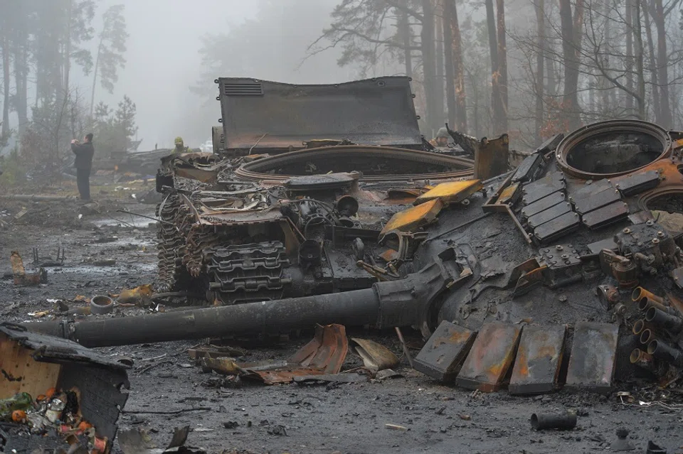 A destroyed Russian T-72 tank is seen, as Russia's attack on Ukraine continues, in the village of Dmytrivka in Ukraine, 1 April 2022. (Oleksandr Klymenko/Reuters)