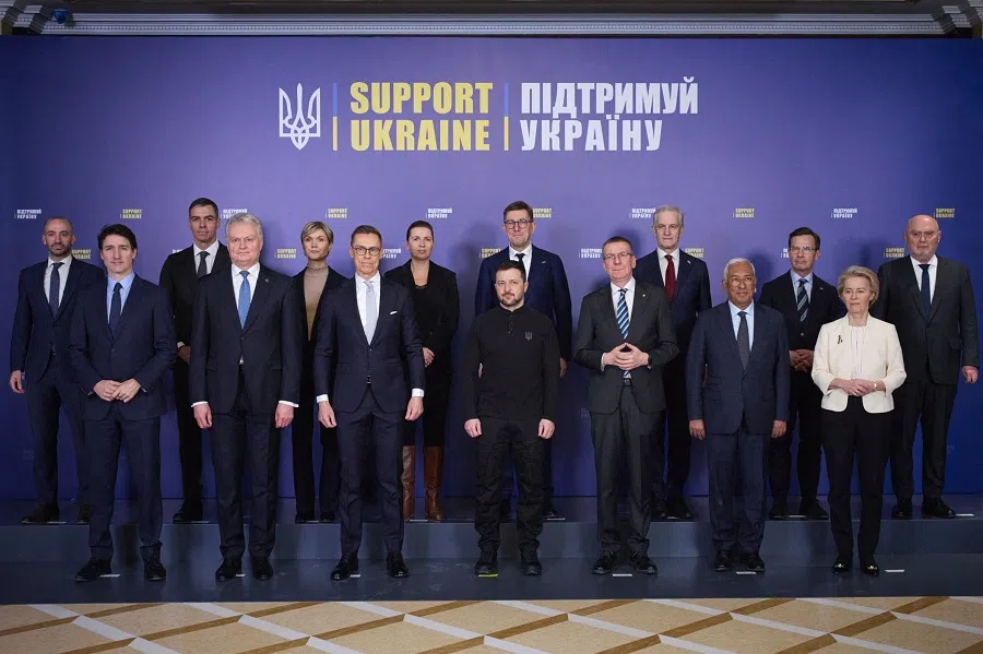 This handout photograph taken and released by the Ukrainian Presidential Press Service on 24 February 2025 shows leaders posing for a photo prior to their meeting in Kyiv, to mark the third anniversary of the Russian invasion of Ukraine. (Handout/Ukrainian Presidential Press Service/AFP)