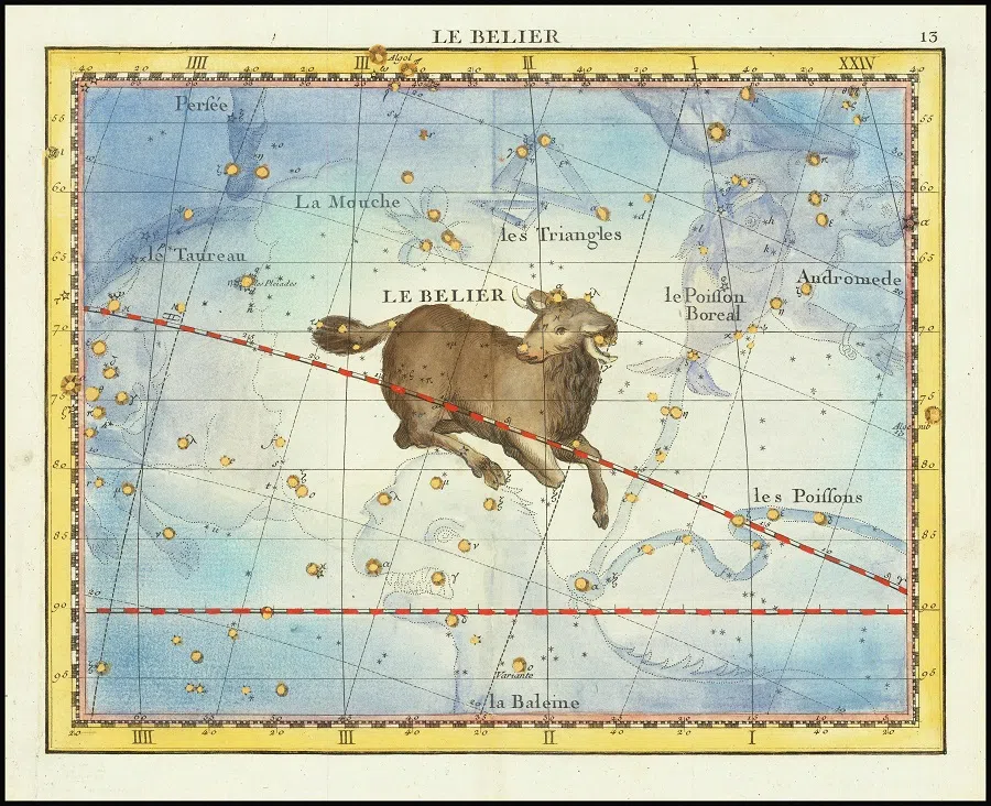 John Flamsteed, Le Belier (Aries), Paris, 1776. Detailed star chart of the constellation Aries. (Wikimedia)