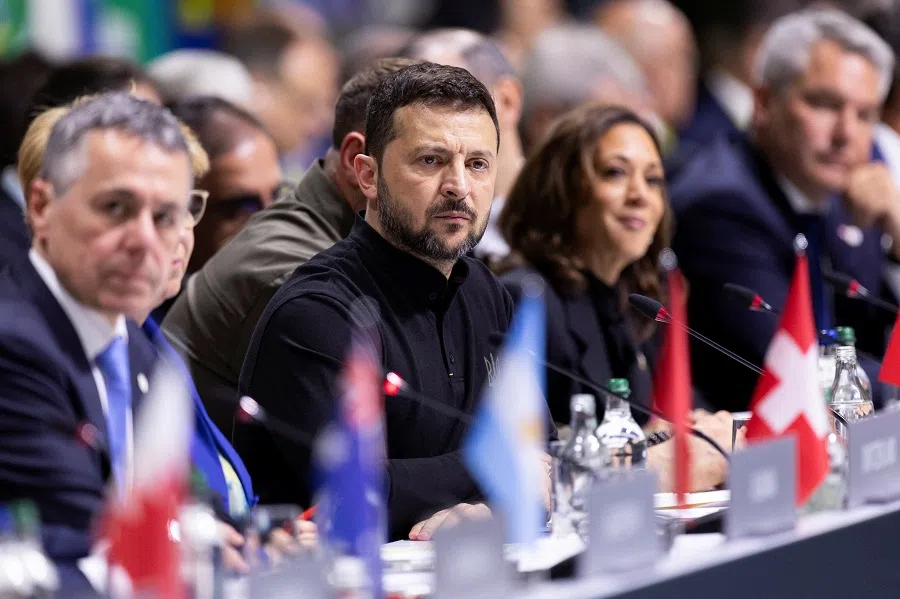 US Vice President Kamala Harris, Ukrainian President Volodymyr Zelenskyy, Secretary of Security Council Armen Grigoryan of Armenia during the opening plenary session, during the Summit on peace in Ukraine, in Stansstad near Lucerne, Switzerland, 15 June 2024. (Michael Buholzer/Reuters)
