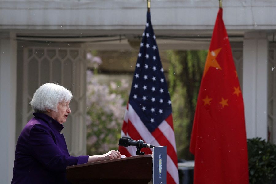 US Treasury Secretary Janet Yellen attends a press conference in Beijing, China, on 8 April 2024. (Florence Lo/Reuters)
