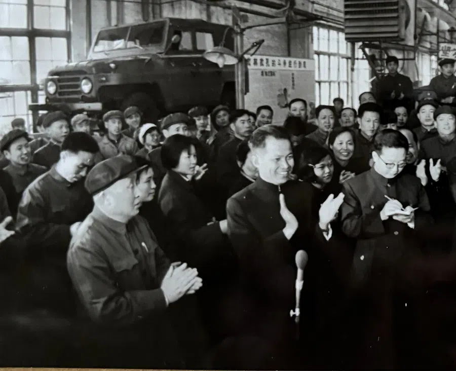 In 1974, representatives from the National United Front of Kampuchea and the Royal Government of National Union visited China and toured an automobile factory; second from left is Deputy Prime Minister Khieu Samphan, considered the fourth-ranking figure in the Khmer Rouge.