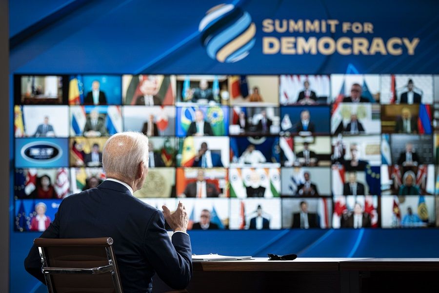 US President Joe Biden speaks during the virtual Summit for Democracy in the Eisenhower Executive Office Building in Washington, DC, US, on 9 December 2021. (Al Drago/Bloomberg)