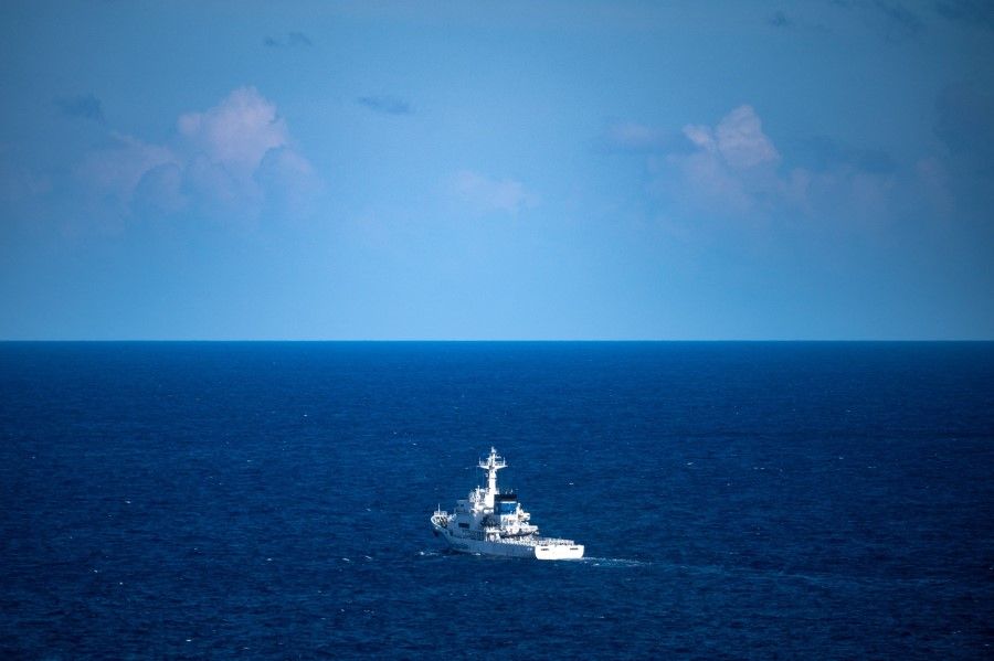 This picture taken on 18 August 2022 shows a Japan Coast Guard vessel patrolling the waters off Yonaguni Island, Okinawa prefecture. China's recent huge military exercises have rattled residents. (Philip Fong/AFP)