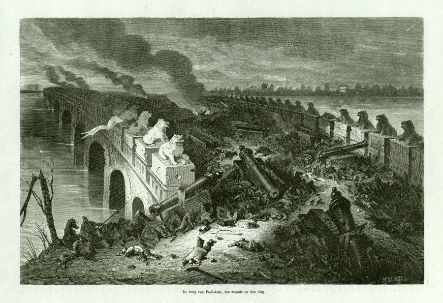 Etching from French publication Le Monde illustré, showing the terrible Battle of Palikao. Under the fierce bombardment of the British and French troops, the Qing army suffered heavy casualties, with bodies strewn everywhere amid hellish thick smoke rising sky-high. Beijing lost its surrounding defences during the battle, and the British and French troops were able to enter the city.