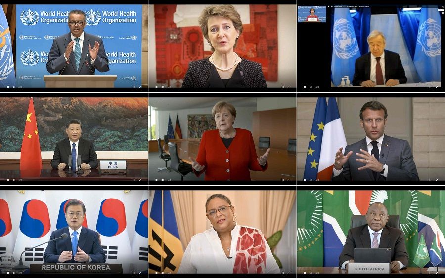This combination created of nine video grabs taken on 18 May 2020 from the website of the World Health Organisation shows (top to bottom, left to right) WHO Director-General Tedros Adhanom Ghebreyesus, Swiss President Simonetta Sommaruga, UN Secretary-General António Guterres, Chinese President Xi Jinping, German Chancellor Angela Merkel, French President Emmanuel Macron, South Korean President Moon Jae-in, Barbados Prime Minister Mia Mottley and South African President Cyril Ramaphosa delivering their speech via video link at the opening of the World Health Assembly virtual meeting from the WHO headquarters in Geneva, amid the Covid-19 pandemic. (World Health Organisation/AFP)
