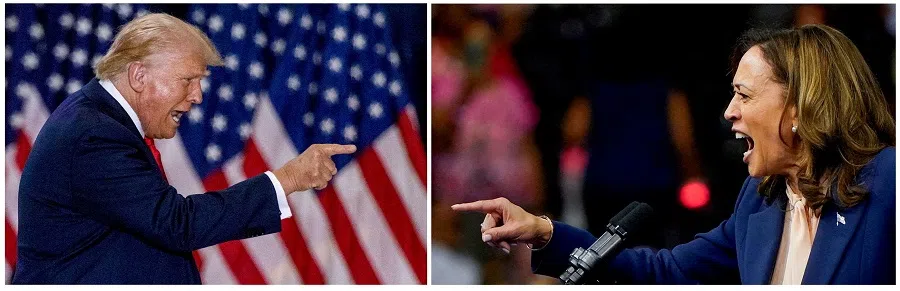 A combination picture shows Republican presidential nominee and former US President Donald Trump gesturing during a rally in St. Cloud, Minnesota, US, 27 July 2024, and US Vice President and Democratic presidential candidate Kamala Harris speaking as she holds a campaign rally in Philadelphia, Pennsylvania, US, 6 August 2024. (Carlos Osorio/Elizabeth Frantz/Reuters)