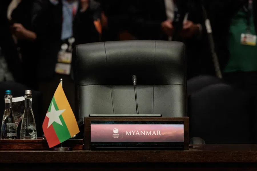 The seat for Myanmar's delegation remains vacant at the 18th East Asia Summit as part of the 43rd Association of Southeast Asian Nations (ASEAN) Summit in Jakarta on 7 September 2023. (Yasuyoshi Chiba/AFP)