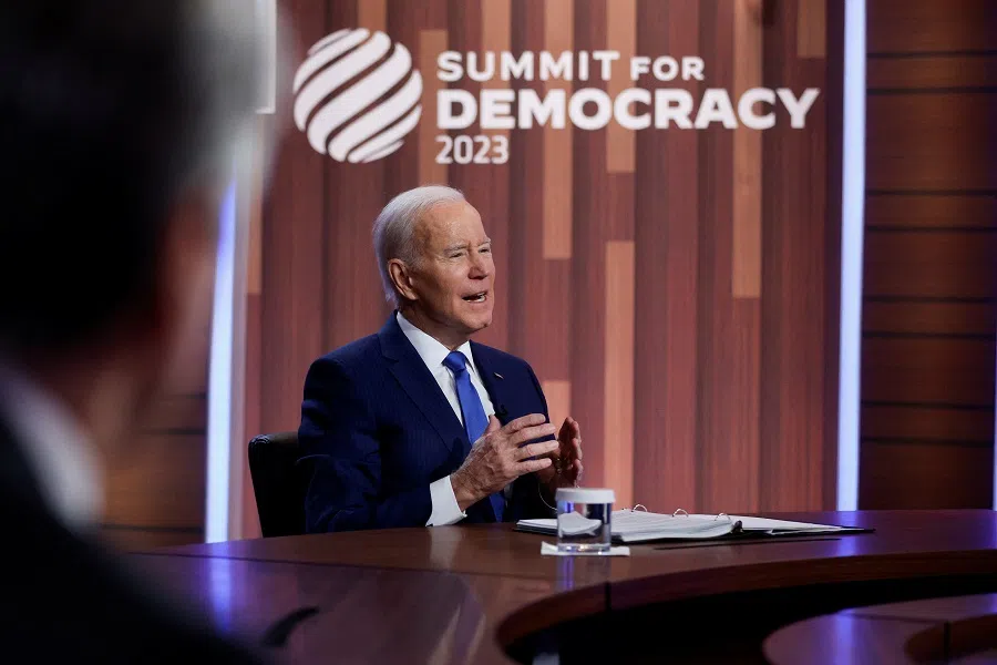 US President Joe Biden delivers remarks during a virtual Summit for Democracy, which he is hosting from an auditorium on the White House campus in Washington, US, 29 March 2023. (Jonathan Ernst/Reuters)