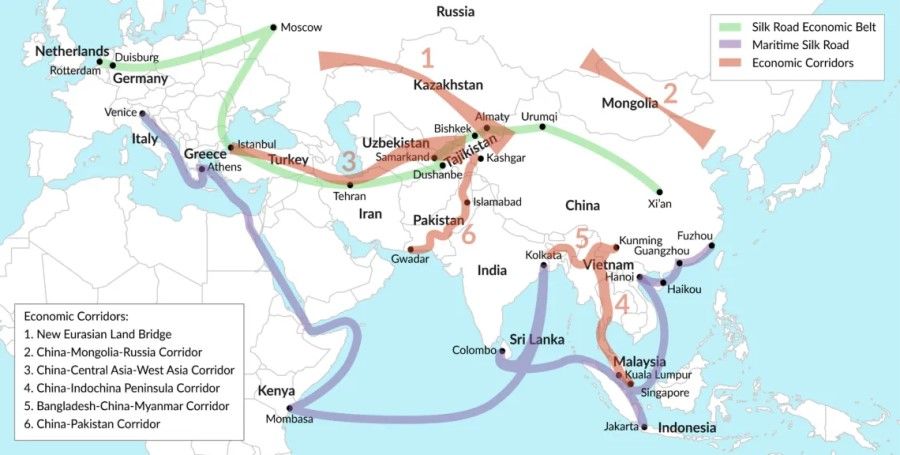 Map 2: Six corridors: China's Belt and Road Initiative. (Source: GISreportsonline.com; with permission.)