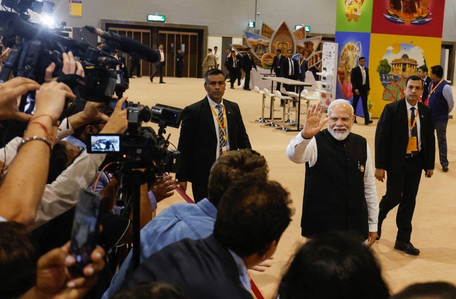 Indian Prime Minister Narendra Modi visits International Media Center, on the second day of the G20 summit in New Delhi, India, 10 September 2023. (Amit Dave/Reuters)