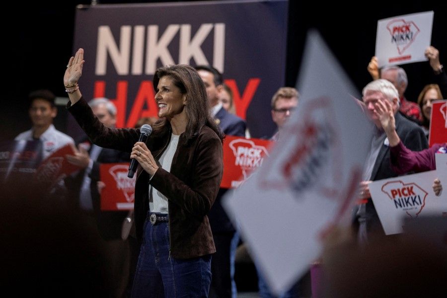 Republican presidential candidate and former US ambassador to the United Nations Nikki Haley speaks during a campaign visit, ahead of the Republican presidential primary election, at the Etherredge Center in Aiken, South Carolina, US, on 5 February 2024. (Alyssa Pointer/Reuters)