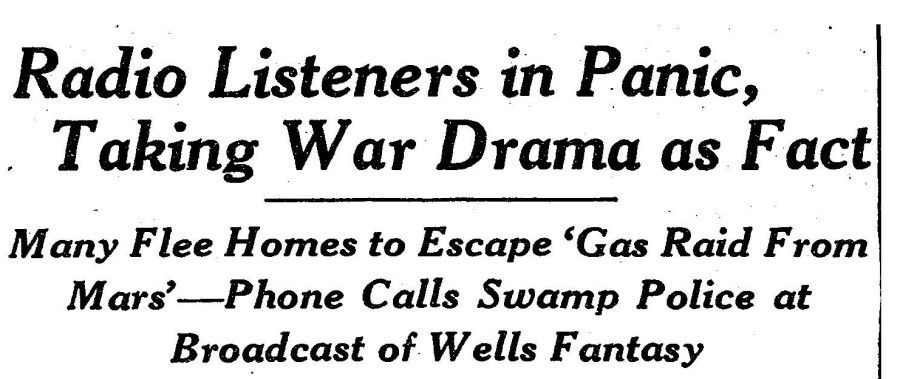 A cropped image of the New York Times front page headline on the radio play War of the Worlds. (Internet)