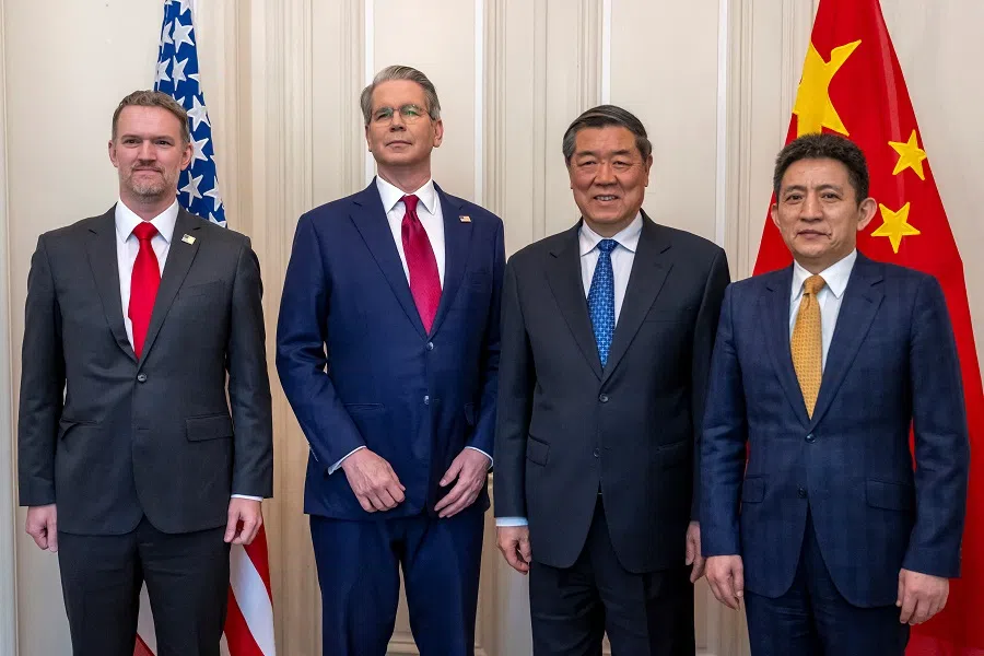 US trade representative Jamieson Greer, US Treasury Secretary Scott Bessent, Chinese Vice-Premier He Lifeng, and China’s international trade representative and Vice-Minister of Commerce Li Chenggang pose at a bilateral meeting between the US and China, in Geneva, Switzerland, on 10 May 2025.