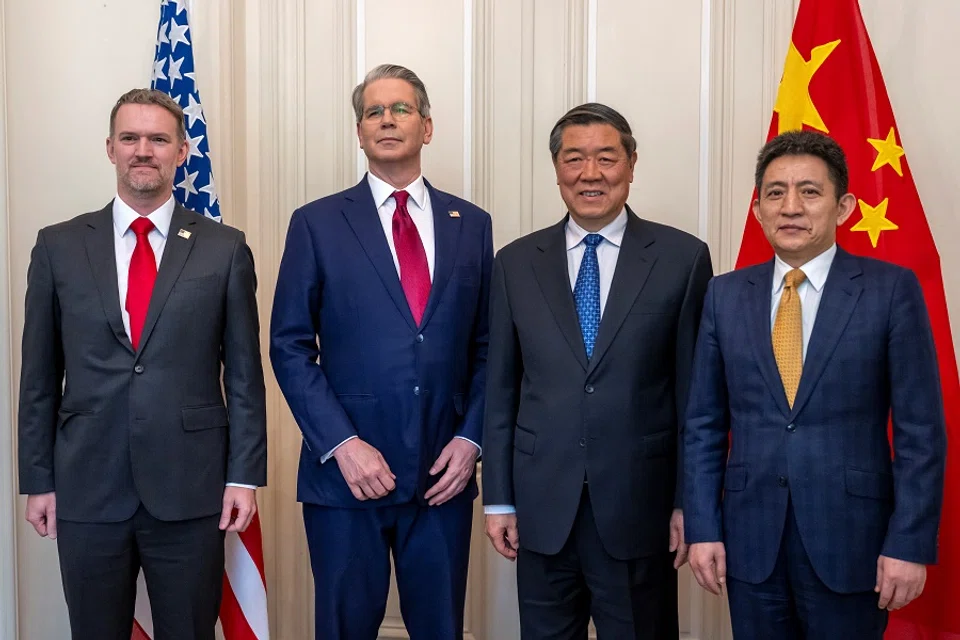 US trade representative Jamieson Greer, US Treasury Secretary Scott Bessent, Chinese Vice-Premier He Lifeng, and China’s international trade representative and Vice-Minister of Commerce Li Chenggang pose at a bilateral meeting between the US and China, in Geneva, Switzerland, on 10 May 2025. (Martial Trezzini/Handout via Reuters)
