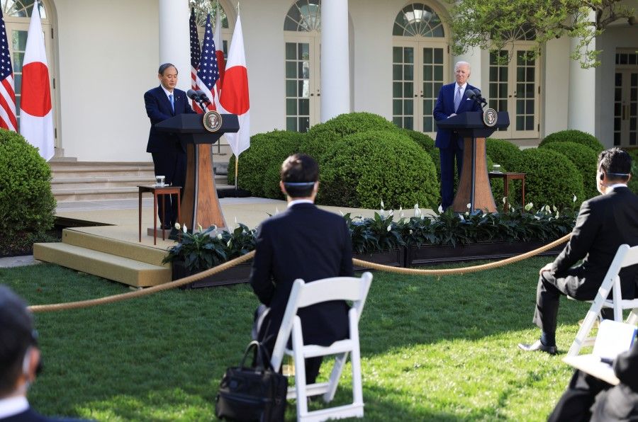 Japan's Prime Minister Yoshihide Suga and U.S. President Joe Biden hold a joint news conference in the Rose Garden at the White House in Washington, the United States on 16 April 2021. (Tom Brenner/Reuters)