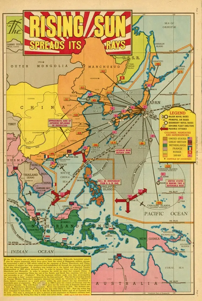 On 30 March 1941, the Sunday News ran a graphic titled "The Rising Sun Spreads Its Rays", showing Japan's colonies, mandates, and dependencies, including naval and air bases, and possible attacks.