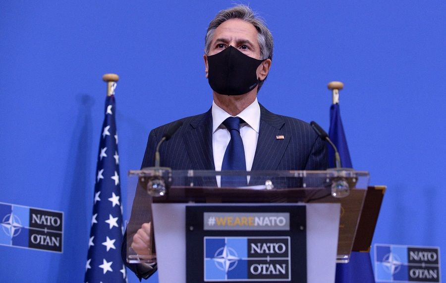 US Secretary of State Antony Blinken holds a joint news conference with the NATO secretary general and US secretary of Defense on 14 April 2021 at the NATO headquarters in Brussels, following a meeting after the US announced the withdrawal of all its troops from the Afghanistan by 11 September. (Johanna Geron/Pool/AFP)