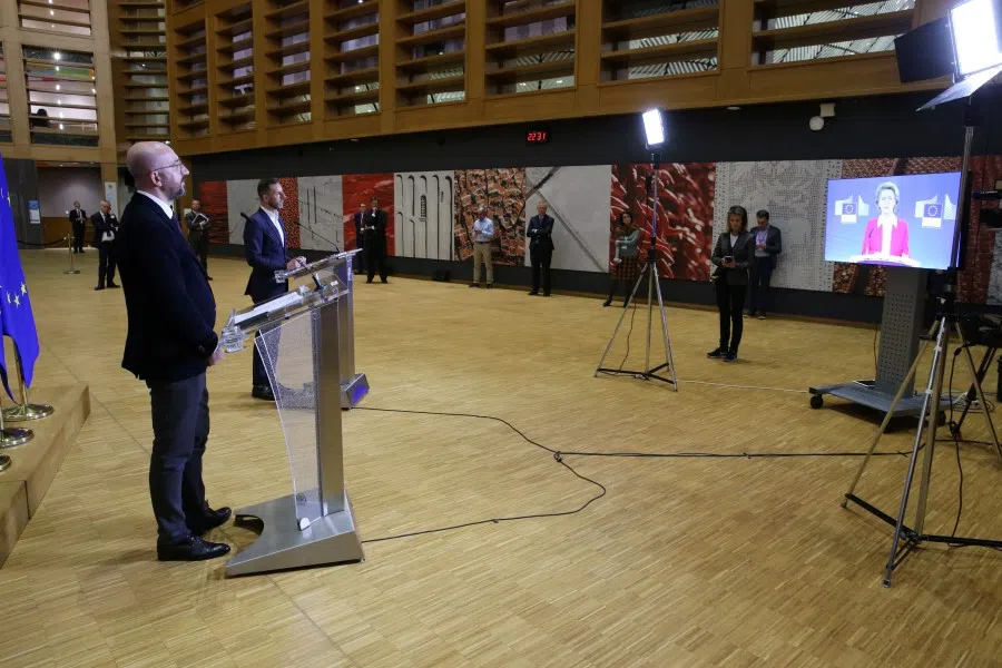 EU Council President Charles Michel holds a news conference after a videoconference with EU heads of state to discuss COVID-19 measures, in Brussels, Belgium, March 26, 2020. (Francois Walschaerts/REUTERS)