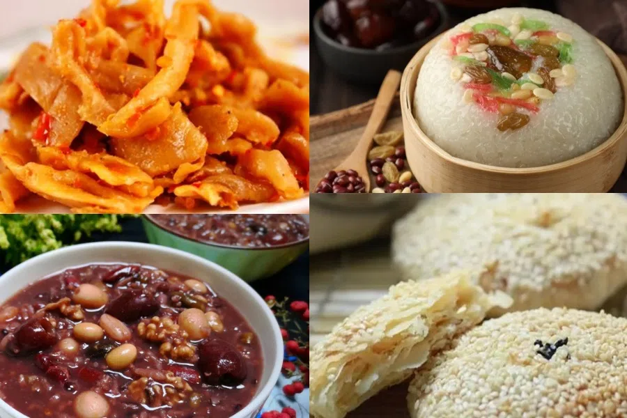 Changzhou pickled radish (top left), eight treasures rice pudding (top right), Laba congee (bottom left), and Changzhou sesame cake (bottom right).