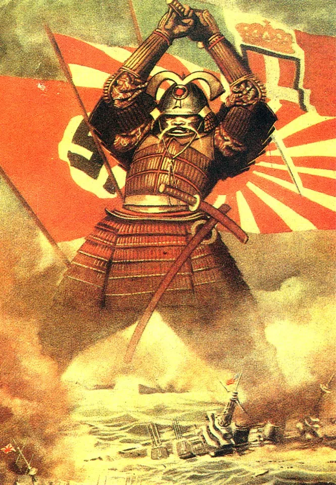 In the early stages of the Pacific War, the Japanese army won major victories with sudden attacks, leading to confidence at the headquarters and the rapid expansion of the front. The photo shows a political poster by the Japanese government, a samurai representing the might of the Axis powers centred around Japan. However, as the front expanded, Japan - with its limited population - found it increasingly difficult to call for backup and reinforcements. Besides, with no allies in Asia, Japan's offensive turned into defence after a point.