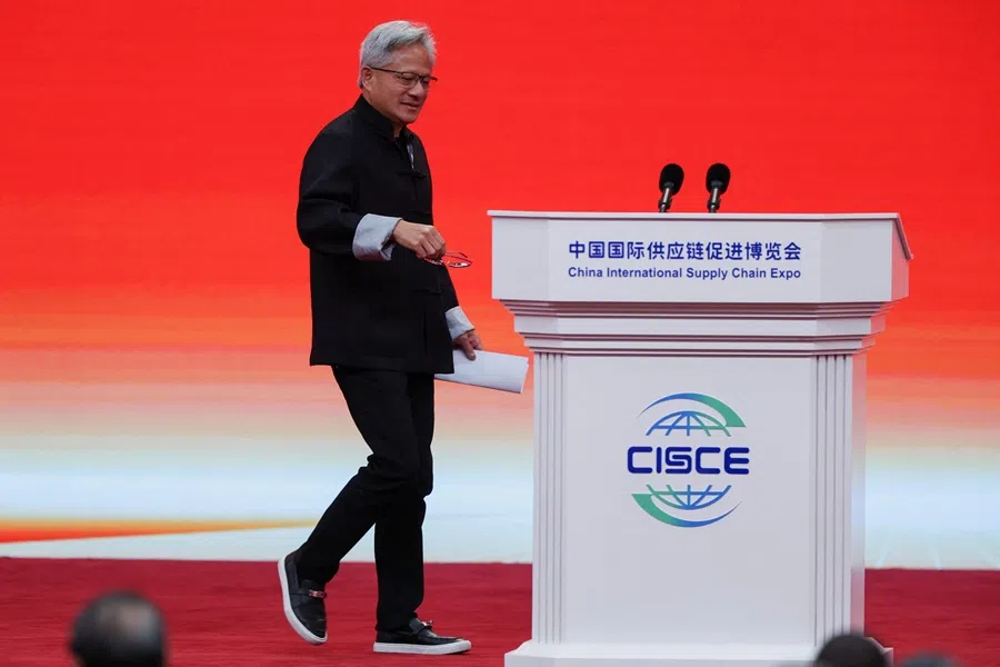 Nvidia CEO Jensen Huang arrives to deliver his speech at the opening ceremony of the third China International Supply Chain Expo (CISCE) in Beijing, China, on 16 July 2025. (Florence Lo/Reuters)