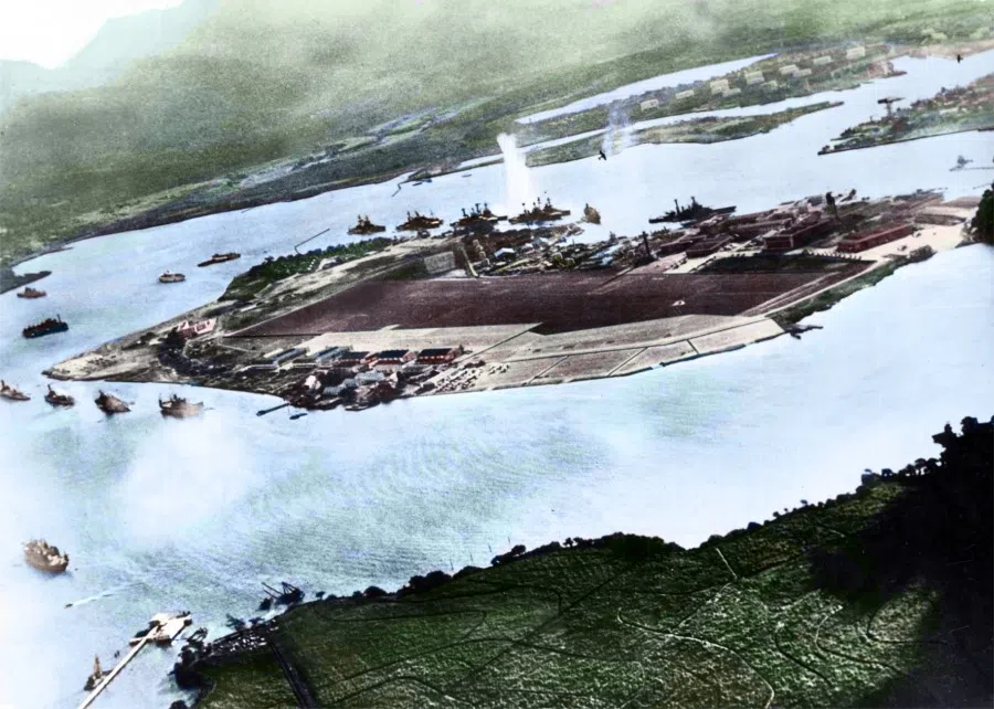 In December 1941, Admiral Isoroku Yamamoto directed the combined naval attack on Pearl Harbor. This photo shot from a Japanese fighter plane shows a view of Pearl Harbor as the Japanese dropped the first bomb.​​​​​